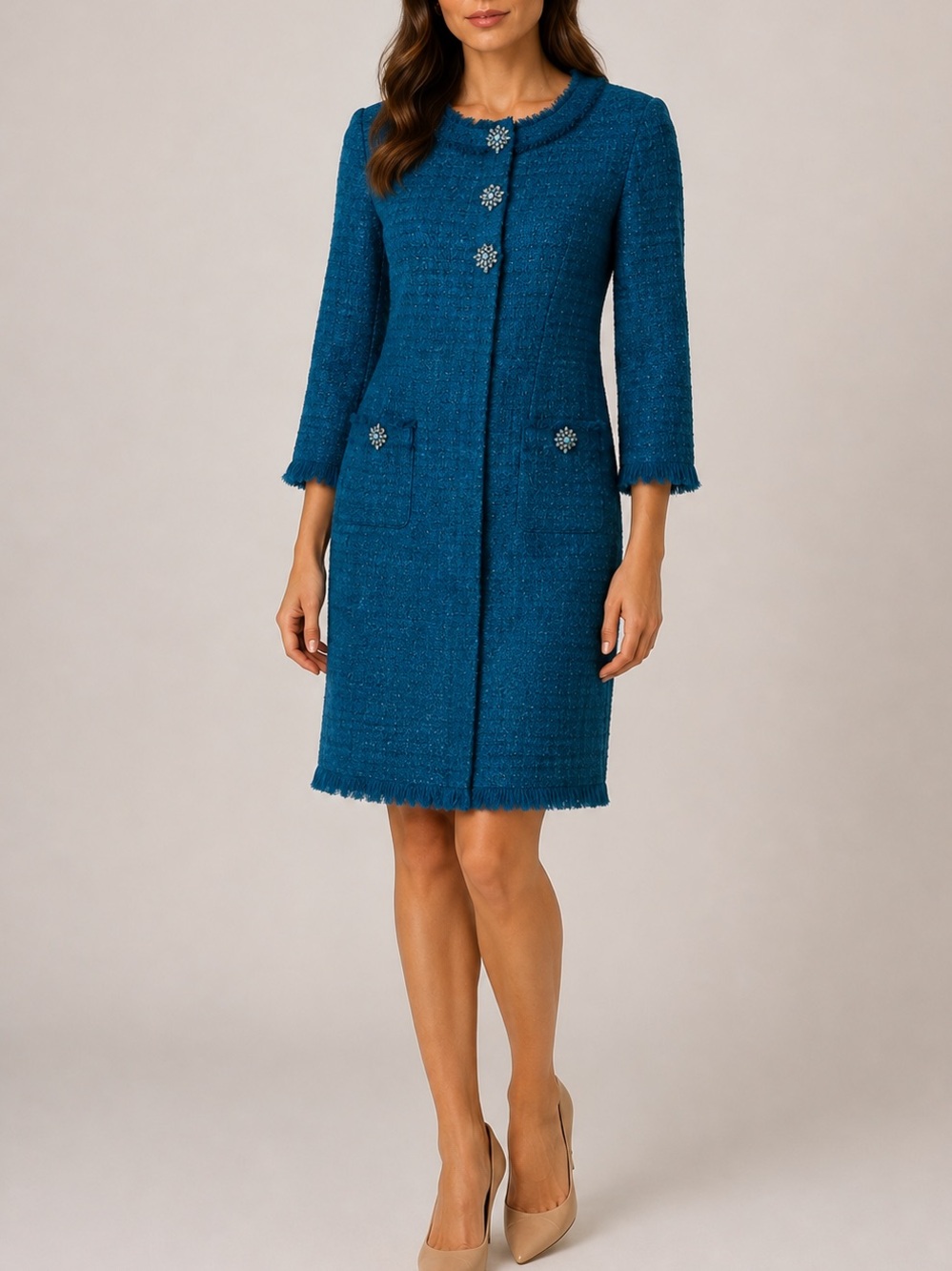 Teri Jon By Rickie Freeman Tweed Sheath Dress Size 4 Teal Pockets Fringe Trim